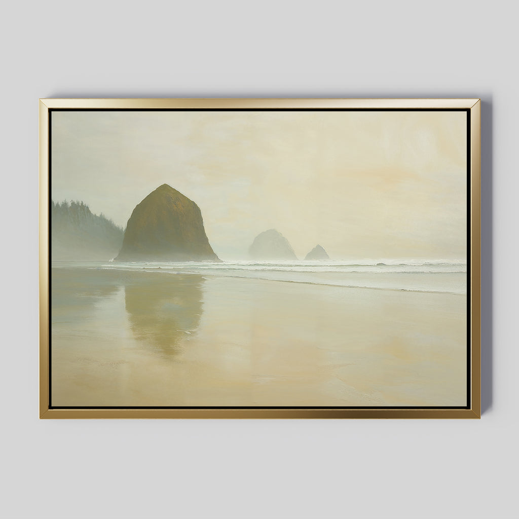 The Morning At Cannon Beach Canvas Art showcases misty beaches, ocean rock formations, gentle waves, and wet sand reflecting the scenery in soft beige and gray tones, capturing a tranquil coastal atmosphere.