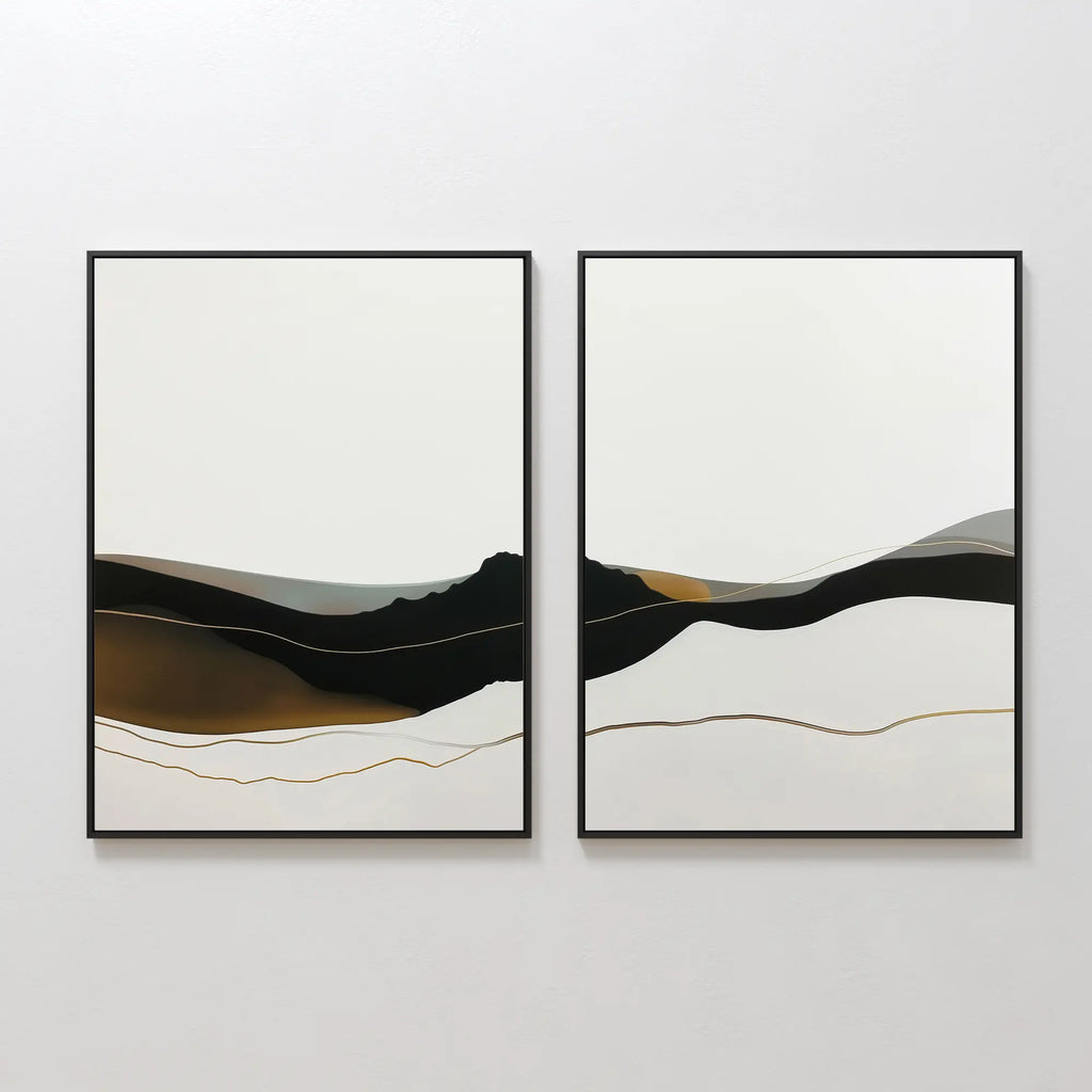 The Mountain Contour Set of 2 showcases minimalist abstract landscape wall art with flowing black, brown, gold, and gray lines on a white background, displayed side by side for a modern look.