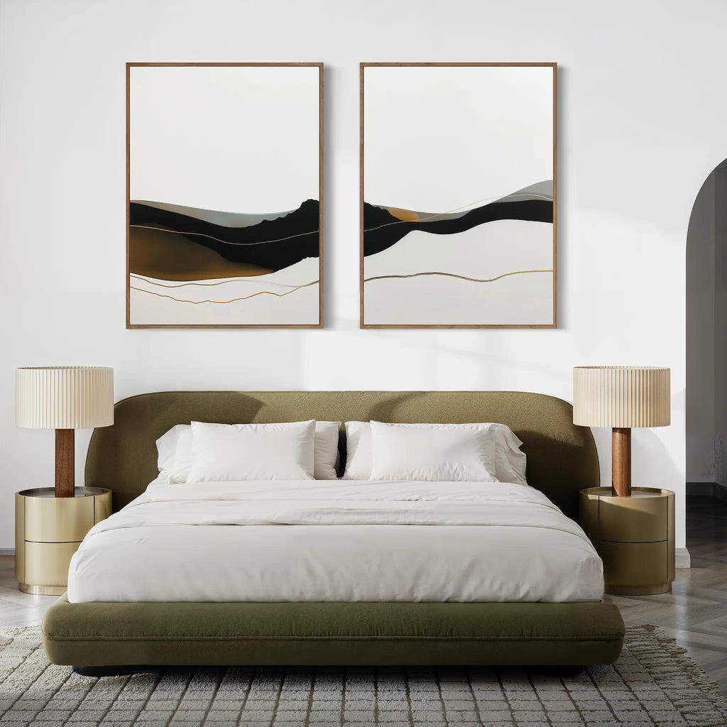 A modern bedroom with an olive green bed, white bedding, matching nightstands, beige lamps, and the Mountain Contour Set of 2 wall art above the bed. The space features a neutral palette and minimalist decor.
