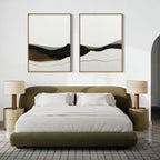 A modern bedroom with an olive green bed, white bedding, matching nightstands, beige lamps, and the Mountain Contour Set of 2 wall art above the bed. The space features a neutral palette and minimalist decor.