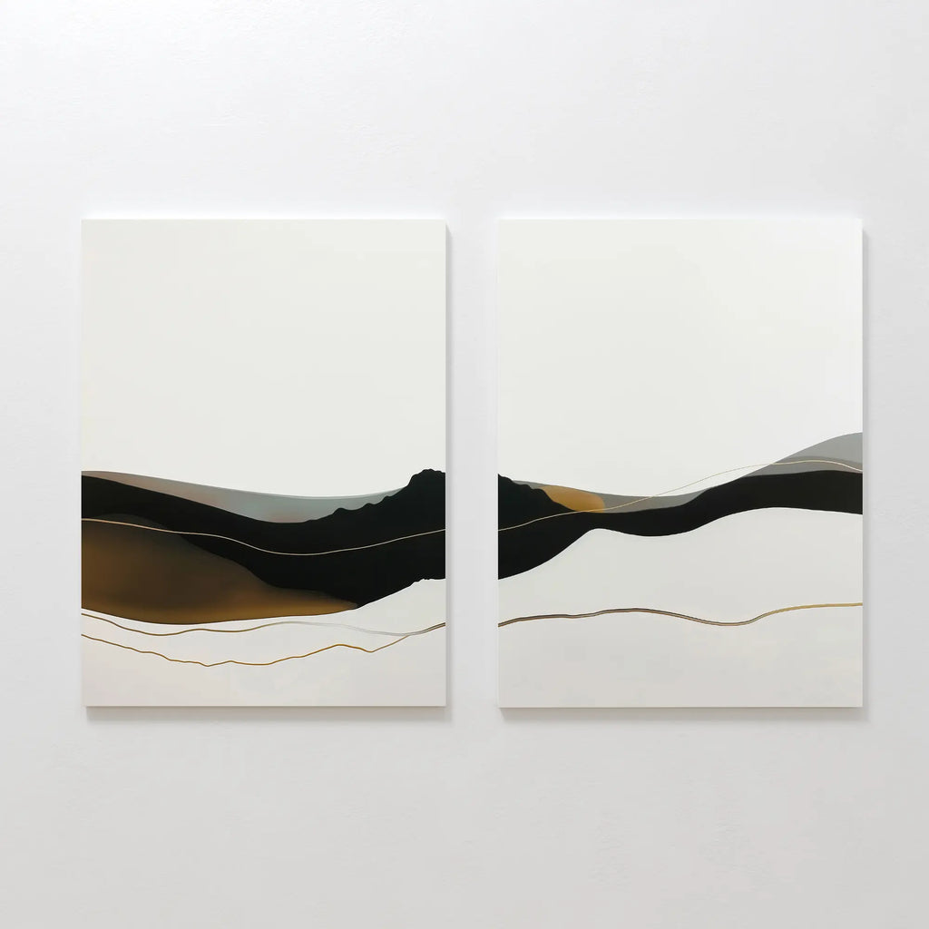 The Mountain Contour Set of 2 features minimalist abstract mountain prints with layered wavy lines in black, white, brown, and gold on a white background, displayed side by side as striking contemporary landscape wall art.