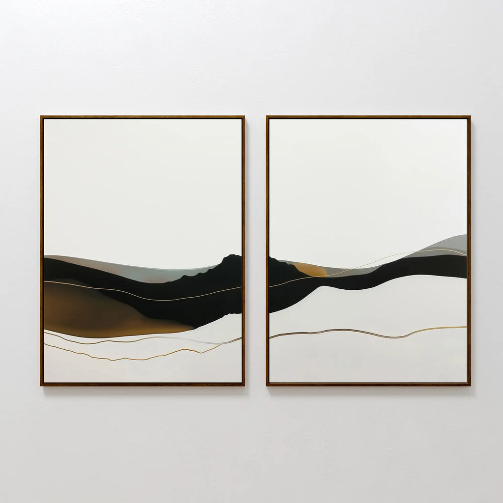 The Mountain Contour Set of 2 features framed abstract mountain prints side by side, with wavy black, white, brown, and gold layers on a white background for a minimalist contemporary wall art look.
