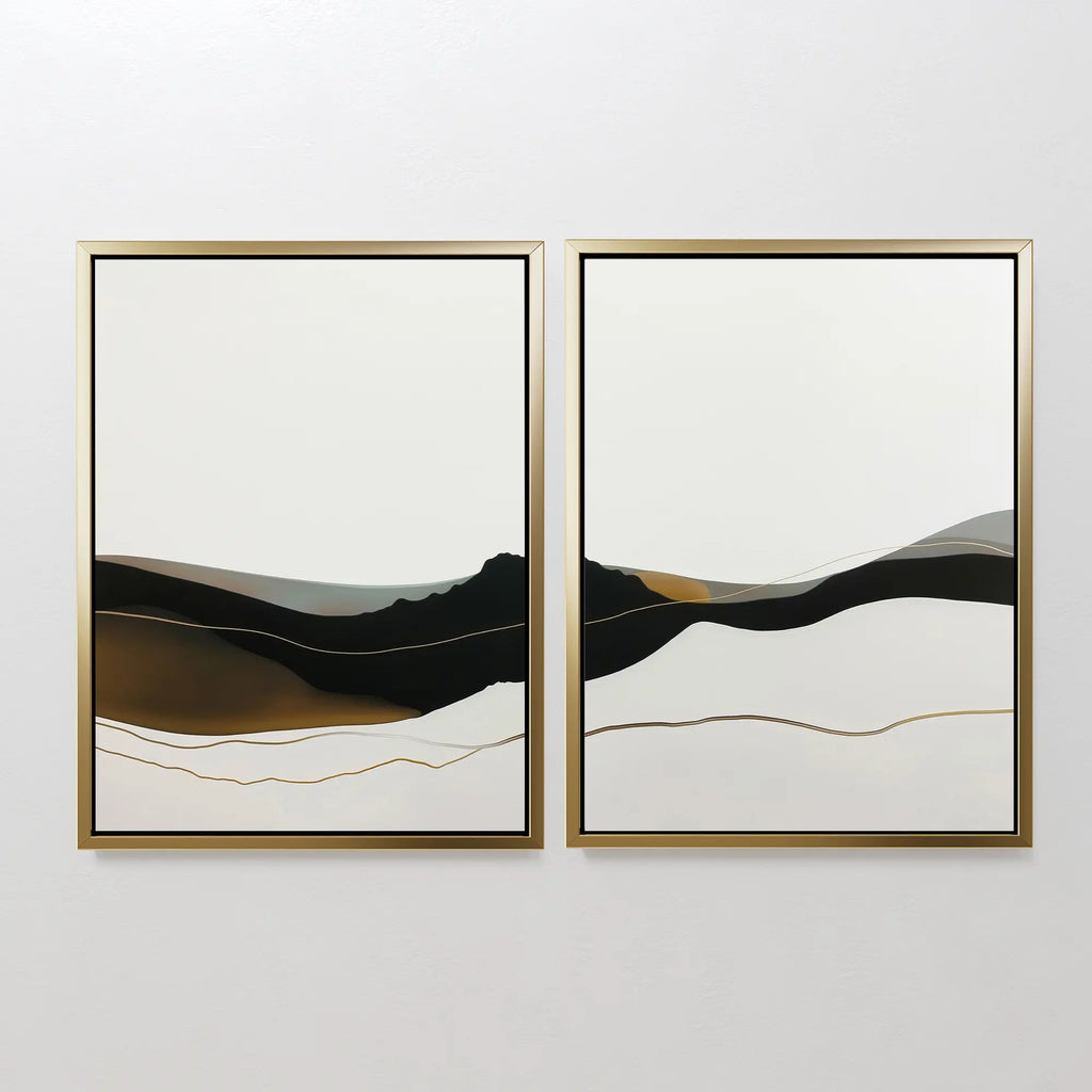 The Mountain Contour Set of 2 features framed abstract mountain prints with wavy, layered black, white, beige, and gold lines—perfect minimalist contemporary landscape wall art for display side by side.