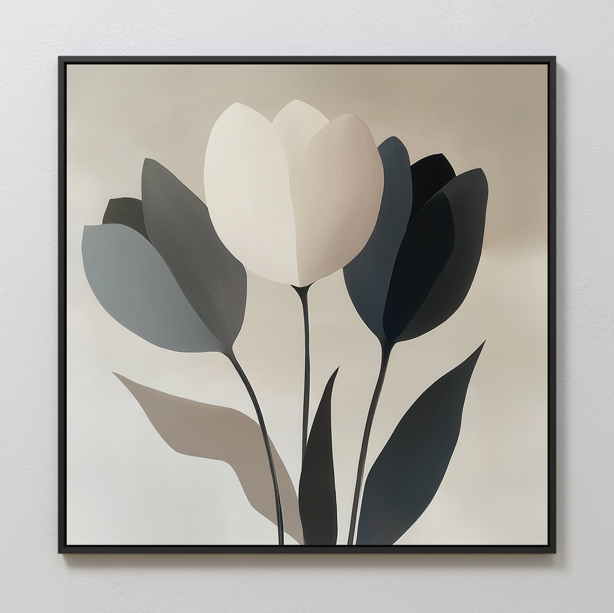 Muted Elegance Canvas Art features four stylized tulips in white, gray, and black on a light beige background with a slim black frame—an ideal minimalist floral wall art piece for modern bedroom decor.