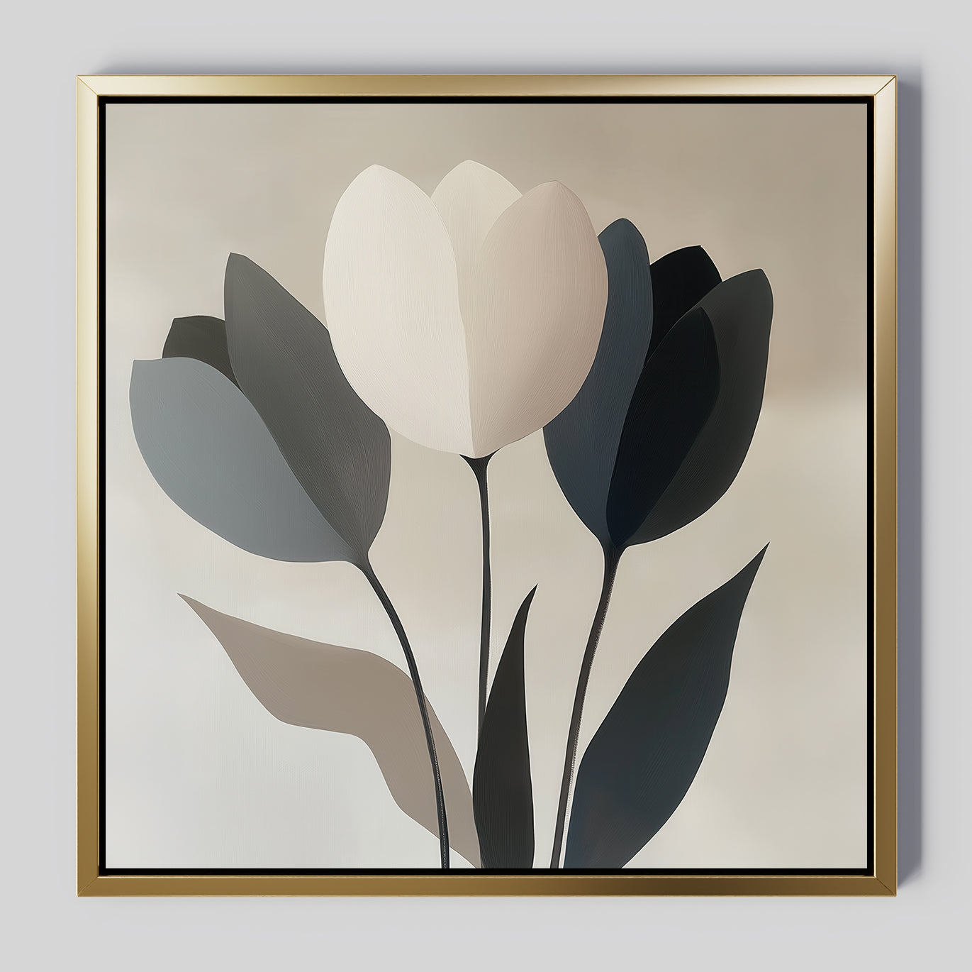 Muted Elegance Canvas Art features four tulips with elongated leaves in cream, gray, blue, and black tones, accented by a slim gold frame—an ideal touch of understated style for any modern bedroom.