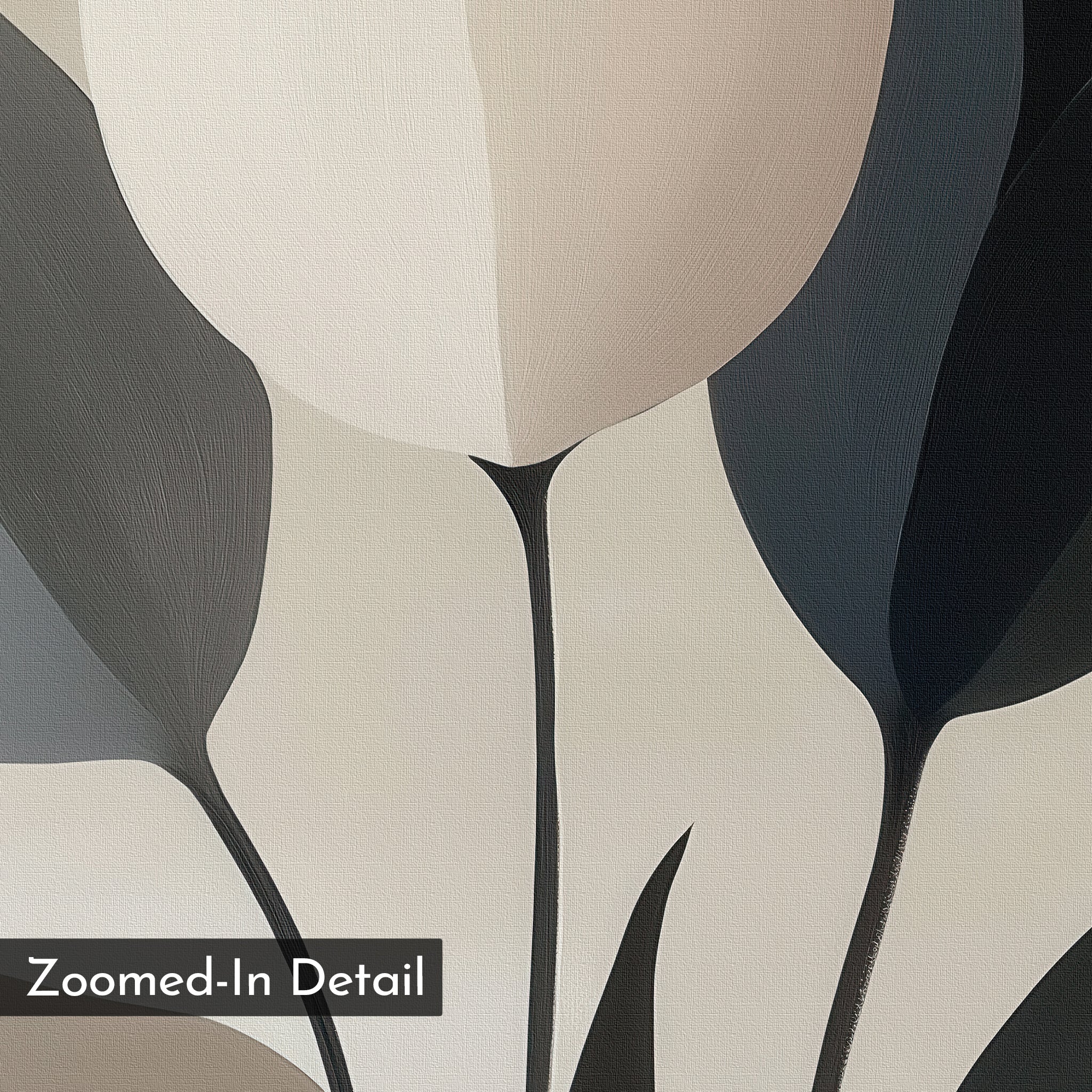 Muted Elegance Canvas Art features abstract overlapping leaf and plant shapes in beige, cream, black, and gray. This minimalist wall art has a textured, zoomed-in look with a "Zoomed-In Detail" label at the bottom left.