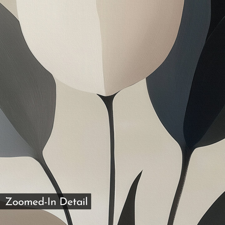 Muted Elegance Canvas Art features abstract overlapping leaf and plant shapes in beige, cream, black, and gray. This minimalist wall art has a textured, zoomed-in look with a "Zoomed-In Detail" label at the bottom left.