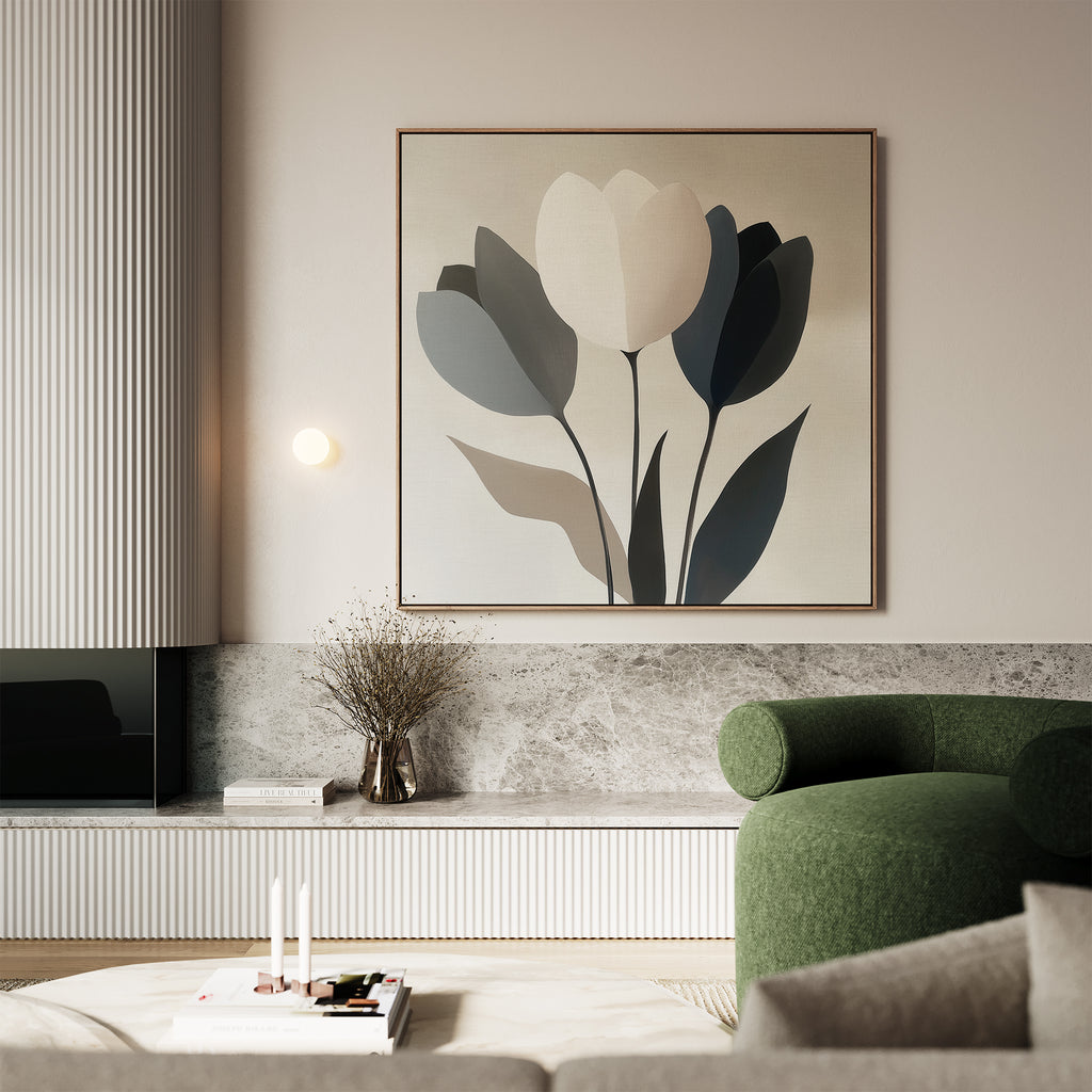 A modern living room features a green armchair, a low marble shelf with a vase of dried branches, and the Muted Elegance Canvas Art on a pale wall. A round coffee table displays books and candles.