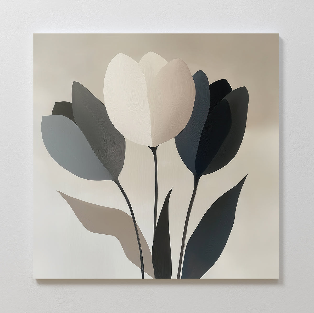 Muted Elegance Canvas Art features minimalist abstract tulips with overlapping petals in cream, gray, and black on a soft light background, bringing modern simplicity to your space.