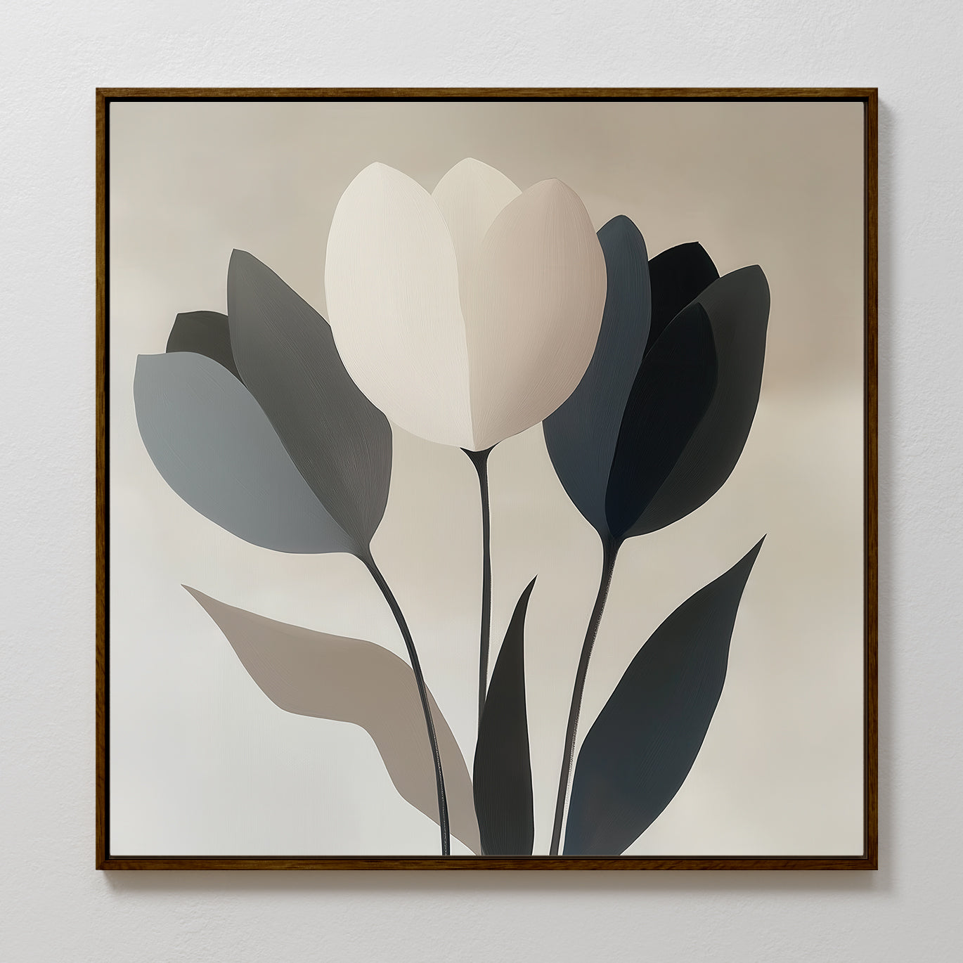 Muted Elegance Canvas Art features minimalist tulip designs in white, gray, and dark blue with simple leaves and stems on a soft beige background—an ideal touch of muted style for modern bedroom decor.