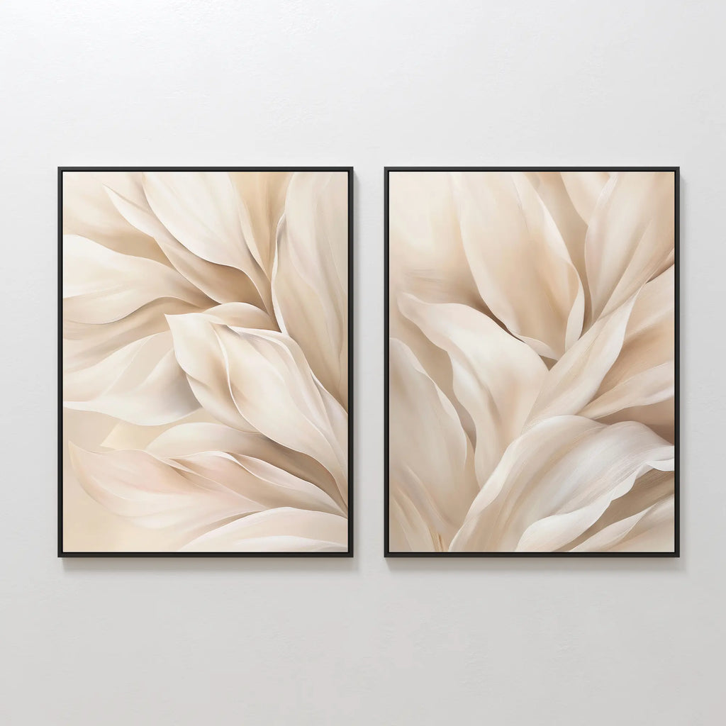 The Natural Texture Set of 2 features framed abstract prints with soft, overlapping shapes in neutral beige and cream, creating elegant minimalist wall decor when displayed side by side on a light wall.