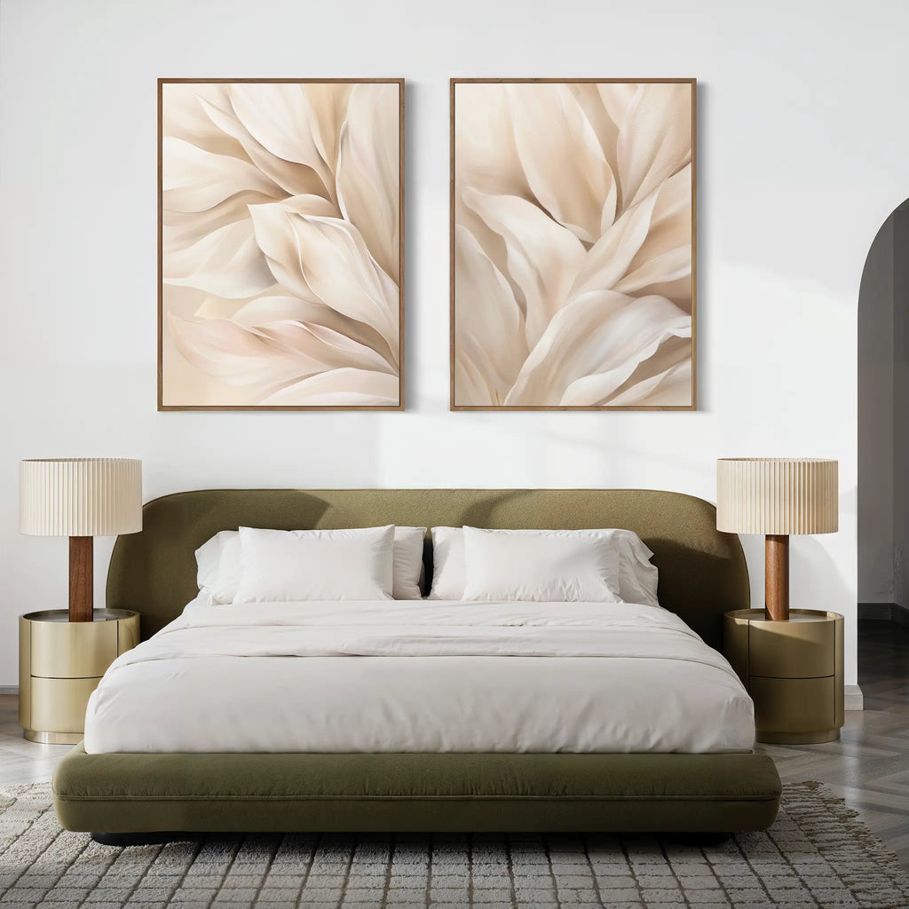 A modern bedroom features a green upholstered bed with white bedding, two Natural Texture Set of 2 nightstands with beige lamps, minimalist wall decor above the headboard, and a patterned area rug on a light wooden floor.