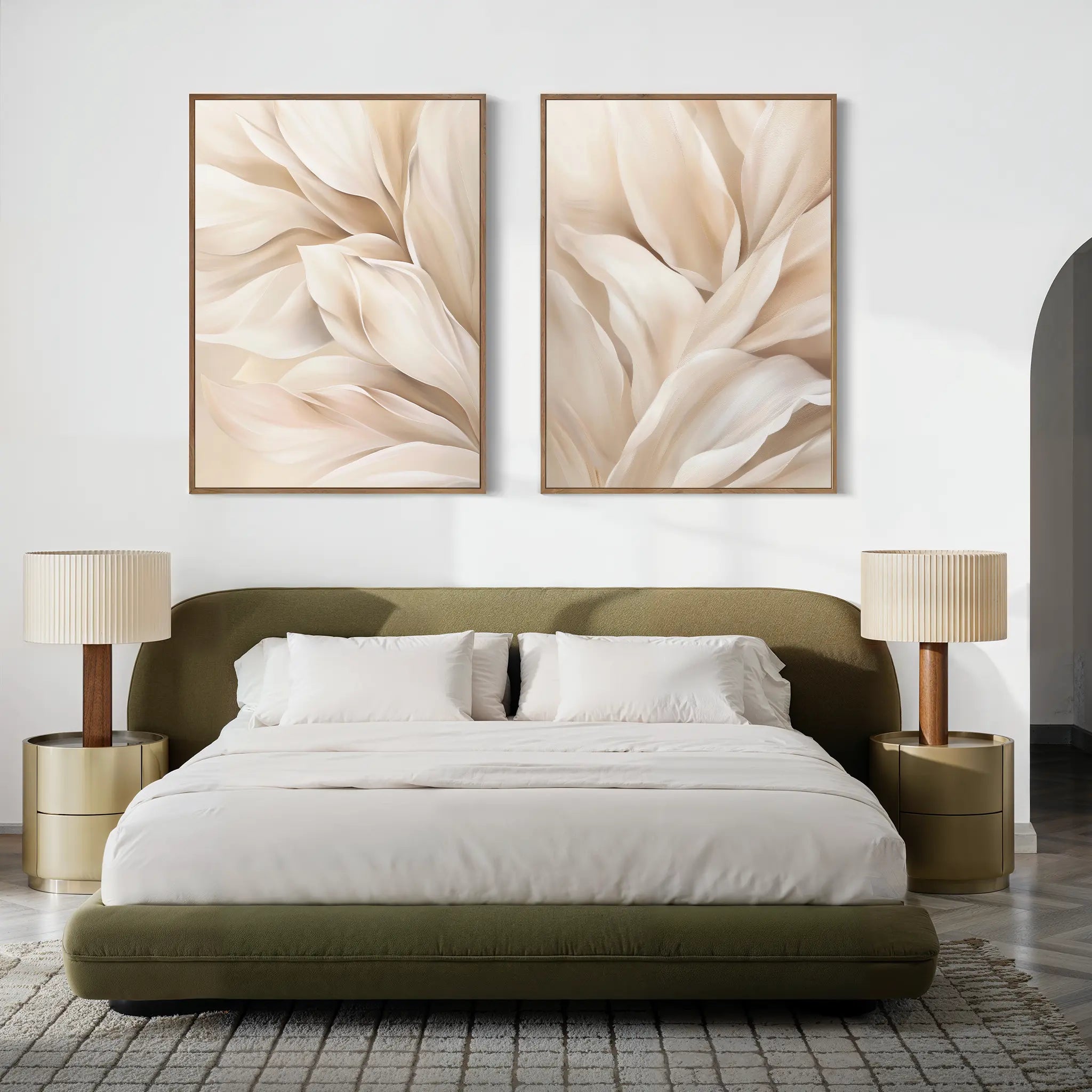 A modern bedroom features a green upholstered bed with white bedding, two Natural Texture Set of 2 nightstands with beige lamps, minimalist wall decor above the headboard, and a patterned area rug on a light wooden floor.