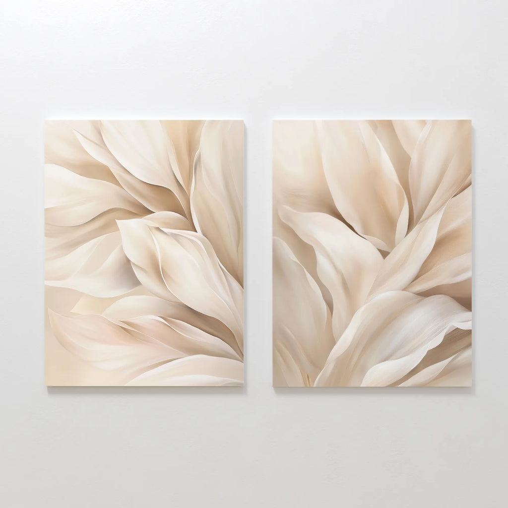 The Natural Texture Set of 2 features beige and cream abstract floral paintings with soft, flowing petal shapes—ideal minimalist wall decor for a delicate, elegant look.