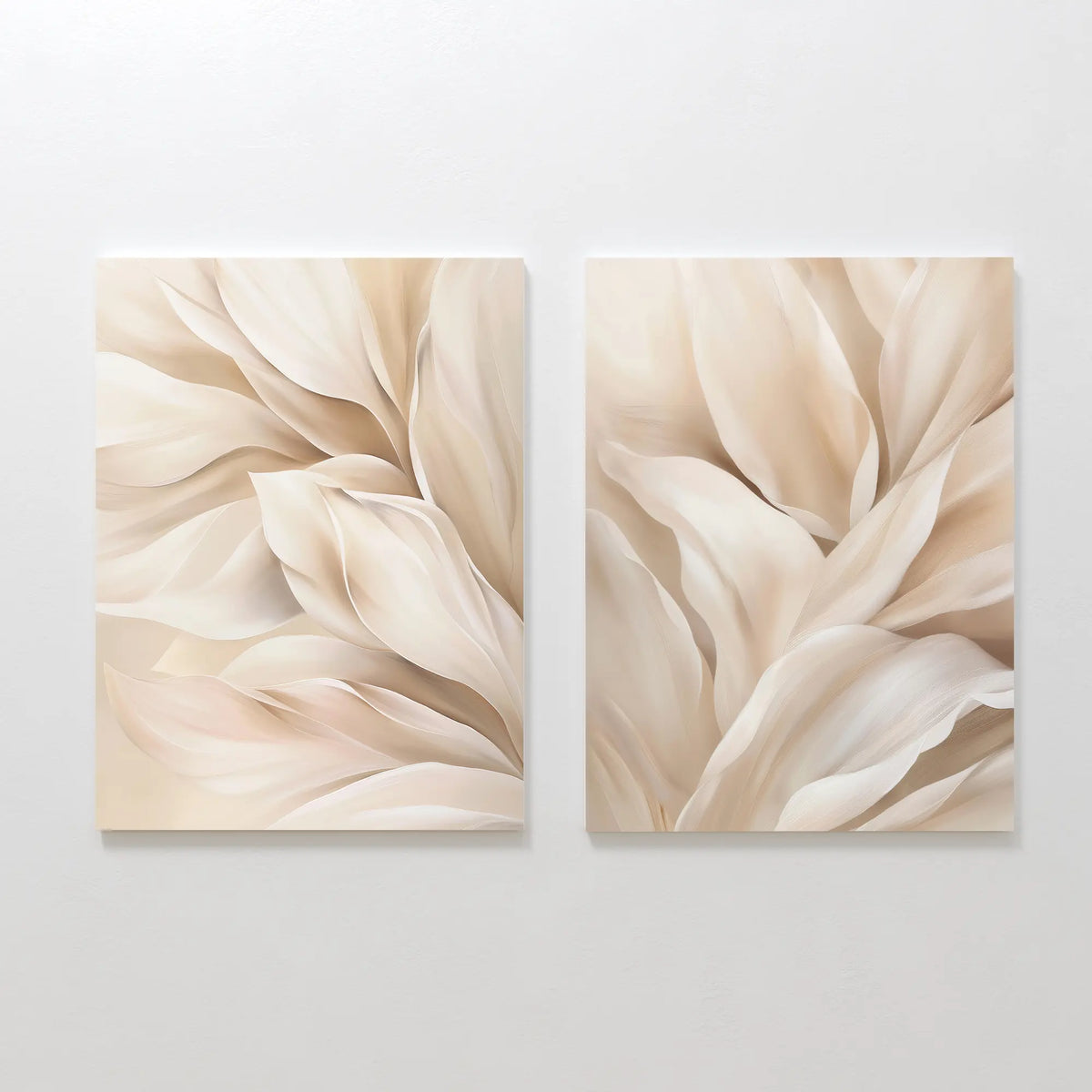 The Natural Texture Set of 2 features beige and cream abstract floral paintings with soft, flowing petal shapes—ideal minimalist wall decor for a delicate, elegant look.