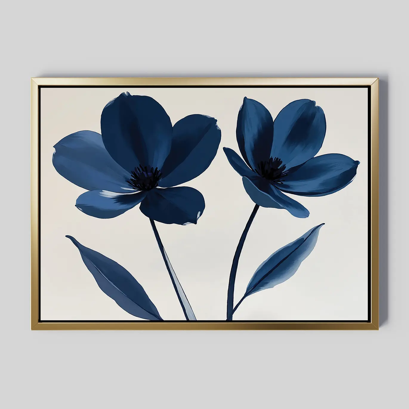 The Navy Flora Canvas Art features a minimalist design with two large blue flowers on a beige background. Framed in a slim gold profile, it’s ideal as navy wall art or large wall decor for a modern, elegant touch.