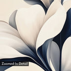 Abstract close-up of smooth, overlapping navy and gray magnolia petals with soft shadows. A label in the bottom-left corner reads “Zoomed-In Detail.” Navy Magnolia Canvas Art adds elegant, minimalist style to sophisticated living room decor.