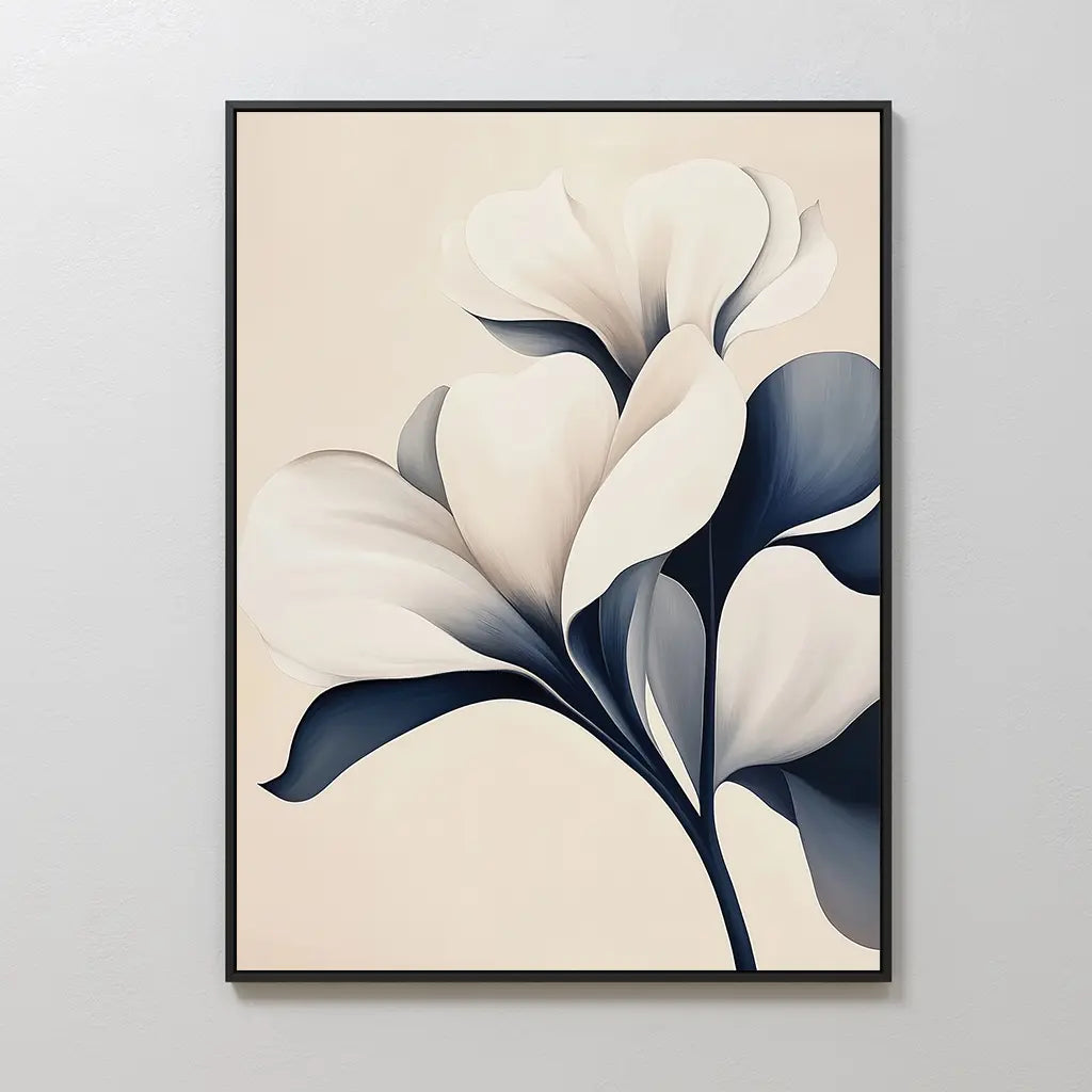 Navy Magnolia Canvas Art: Minimalist wall art showcasing a white magnolia with abstract petals and dark blue leaves on a beige background in a black frame—ideal for elevating your living room or bedroom decor with modern style.