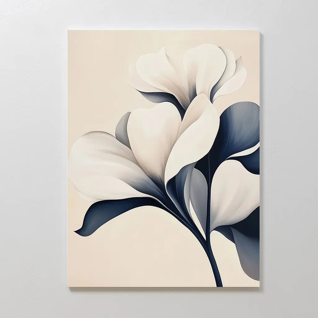 Navy Magnolia Canvas Art features a minimalist white flower with large petals and dark blue leaves on a light beige background, ideal for living room decor and stunning when mounted on a white wall.
