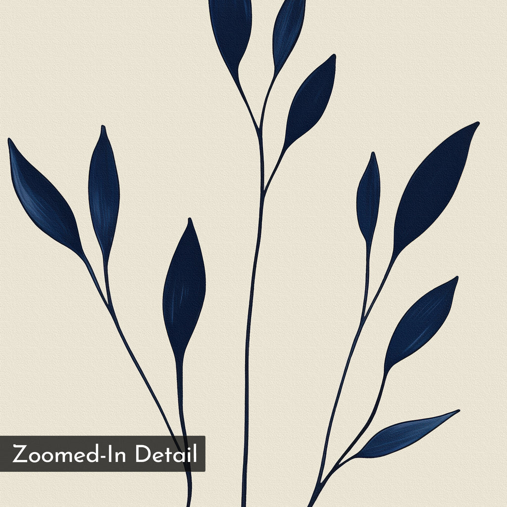 Navy Stem Canvas Art features a minimalist digital illustration of dark blue leafy branches on a textured light beige background, with "Zoomed-In Detail" in the corner—ideal modern botanical wall decor.