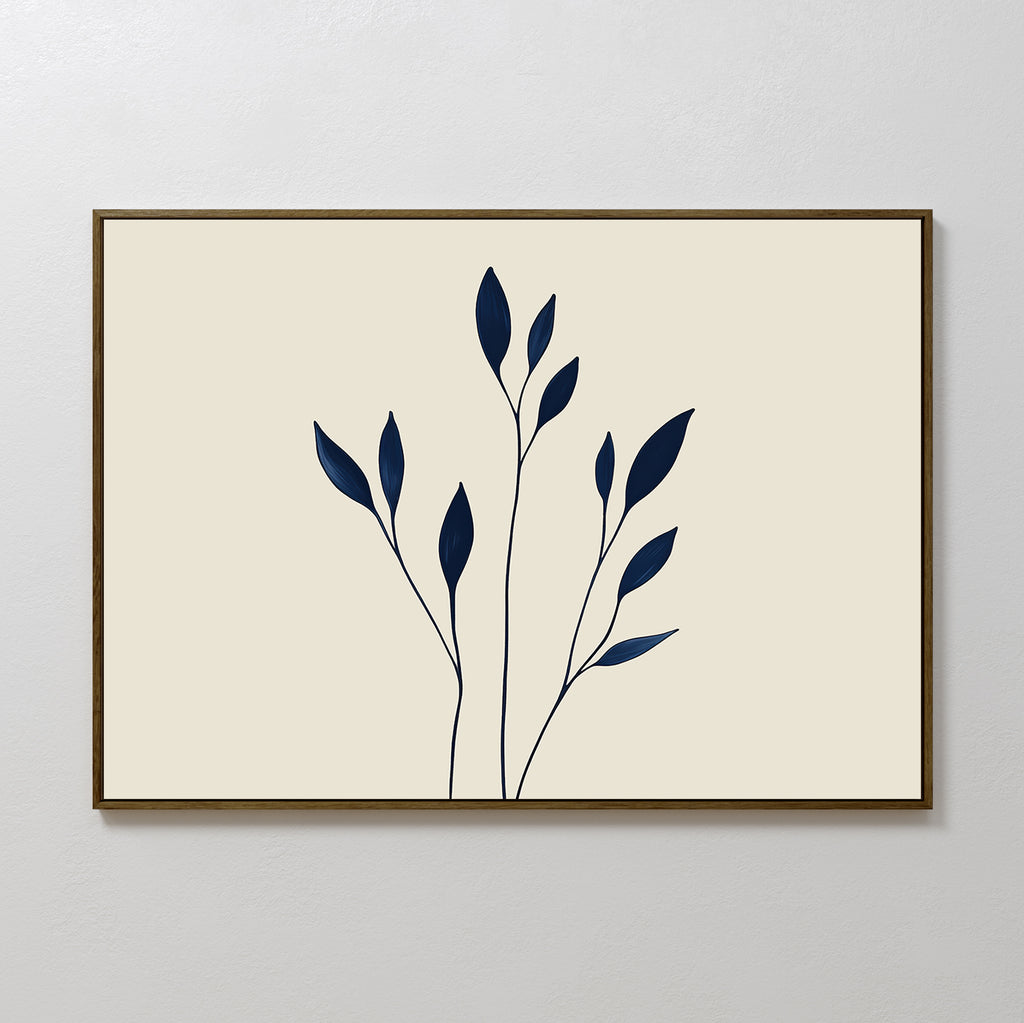 Navy Stem Canvas Art: Minimalist wall art print with thin black branches and dark blue leaves on a light beige background, framed in simple brown wood—perfect modern decor for any white wall.