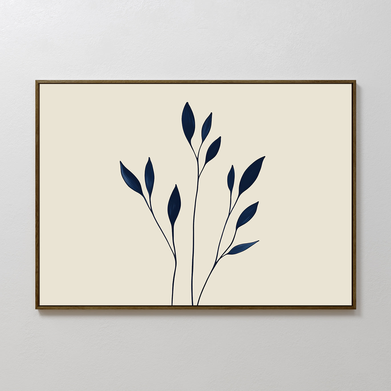 Navy Stem Canvas Art: Minimalist wall art print with thin black branches and dark blue leaves on a light beige background, framed in simple brown wood—perfect modern decor for any white wall.