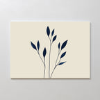 Navy Stem Canvas Art features minimalist thin black stems with dark blue leaves on a light beige background, offering abstract botanical style for a clean, modern look ideal for elegant and contemporary spaces.
