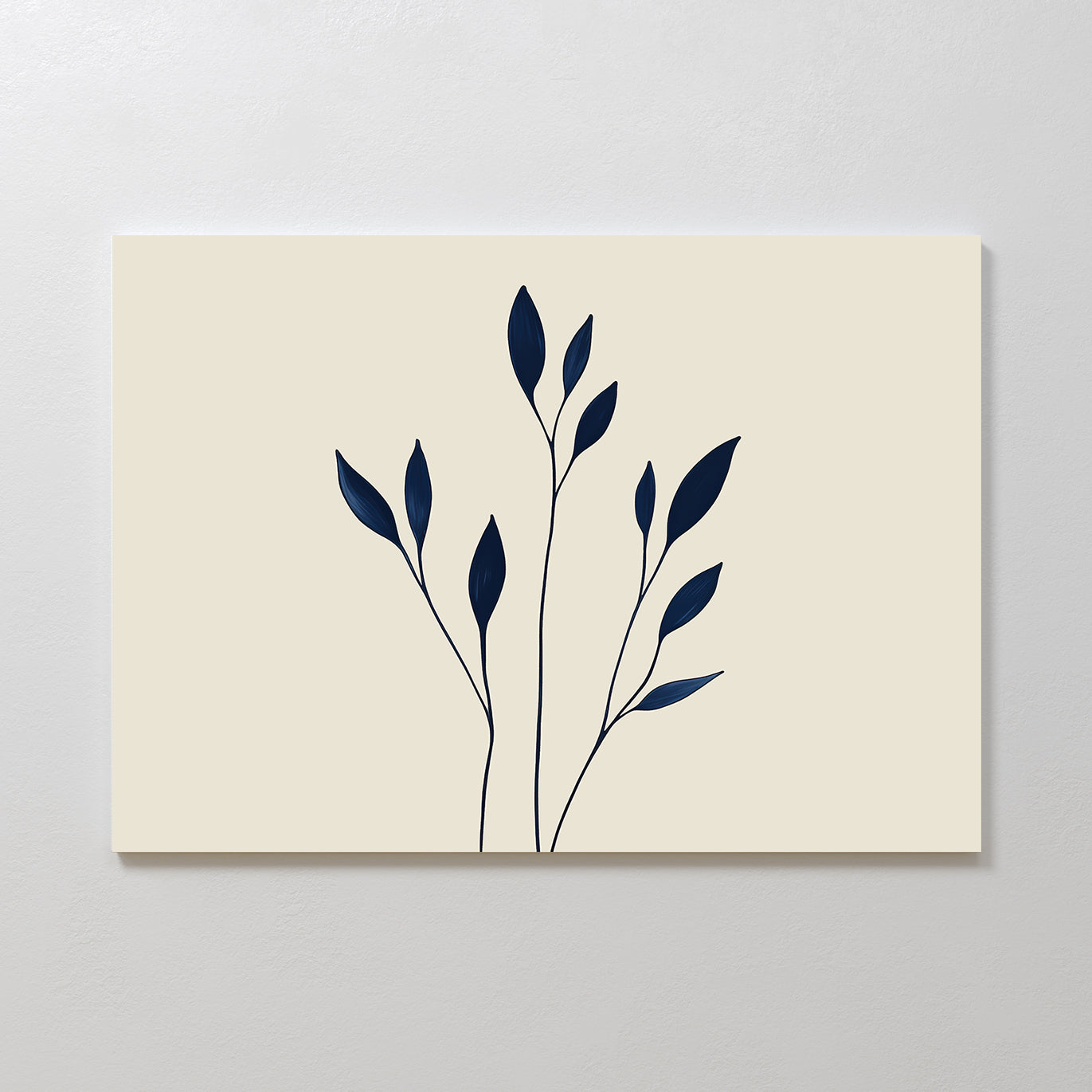 Navy Stem Canvas Art features minimalist thin black stems with dark blue leaves on a light beige background, offering abstract botanical style for a clean, modern look ideal for elegant and contemporary spaces.