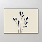 Navy Stem Canvas Art features a simple dark blue leaf illustration on a beige background in a black frame—ideal minimalist wall decor for any space.