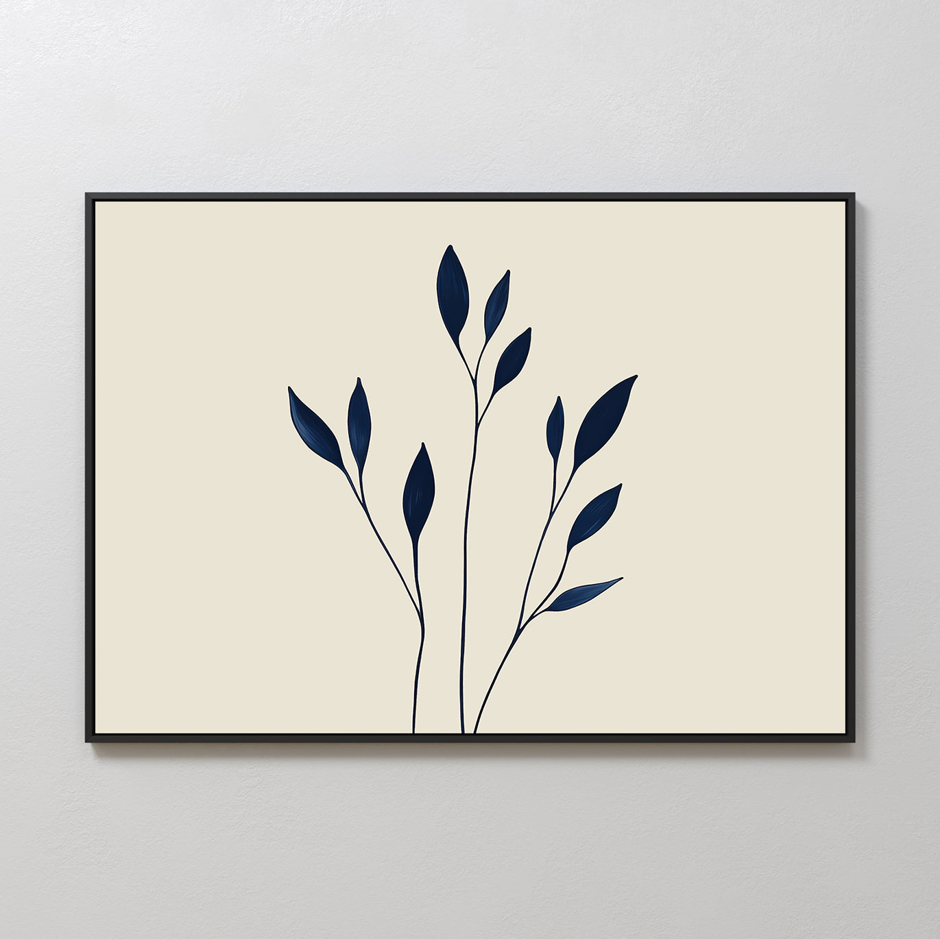 Navy Stem Canvas Art features a simple dark blue leaf illustration on a beige background in a black frame—ideal minimalist wall decor for any space.