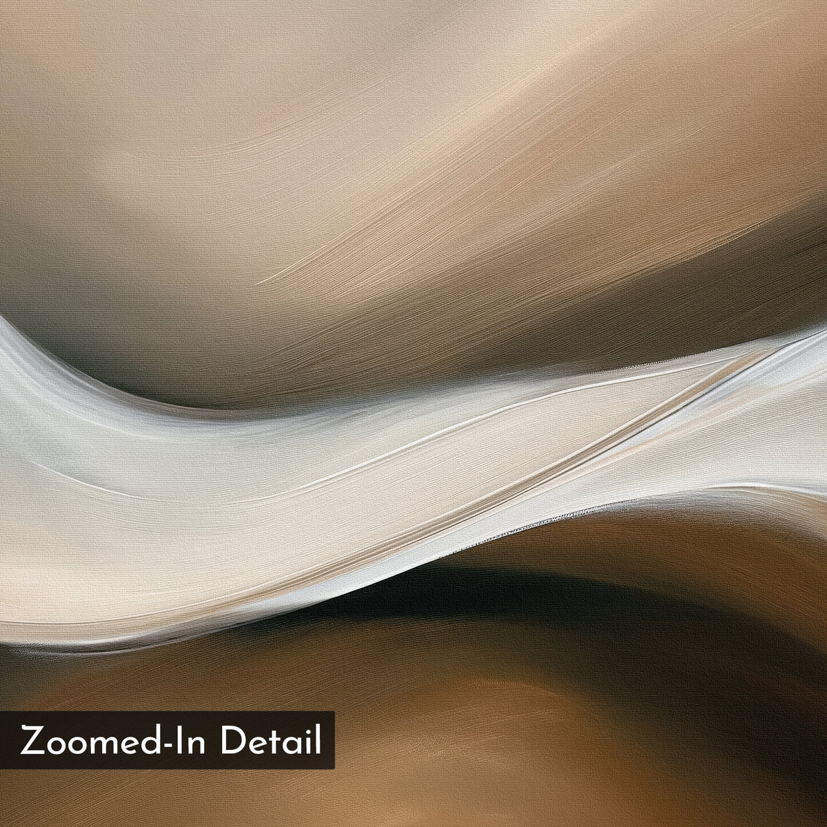 Close-up of Neutral Landscape River Set of 2: abstract art with flowing, layered curves in brown, beige, and white. Soft brushstrokes add texture, perfect as modern wall art for stylish living rooms. Text: “Zoomed-In Detail.”.