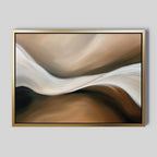 Neutral Landscape River Abstract Canvas Art features flowing curves in brown, tan, and cream with a central white wave. Framed in gold on a light gray background, this minimalist piece is perfect for living room decor.