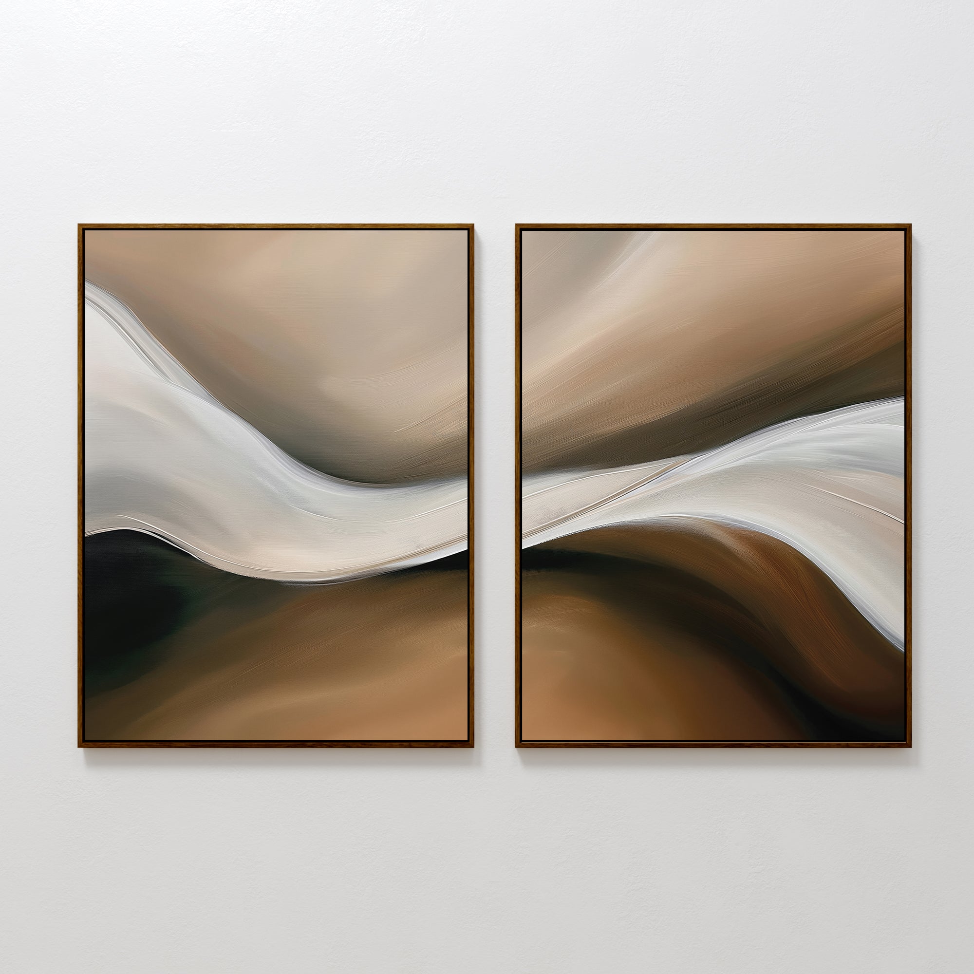 The Neutral Landscape River Set of 2 features framed abstract art with flowing beige, brown, white, and black shapes. This minimalist decor set adds a striking touch to your living room with soothing neutral tones and a sense of movement.