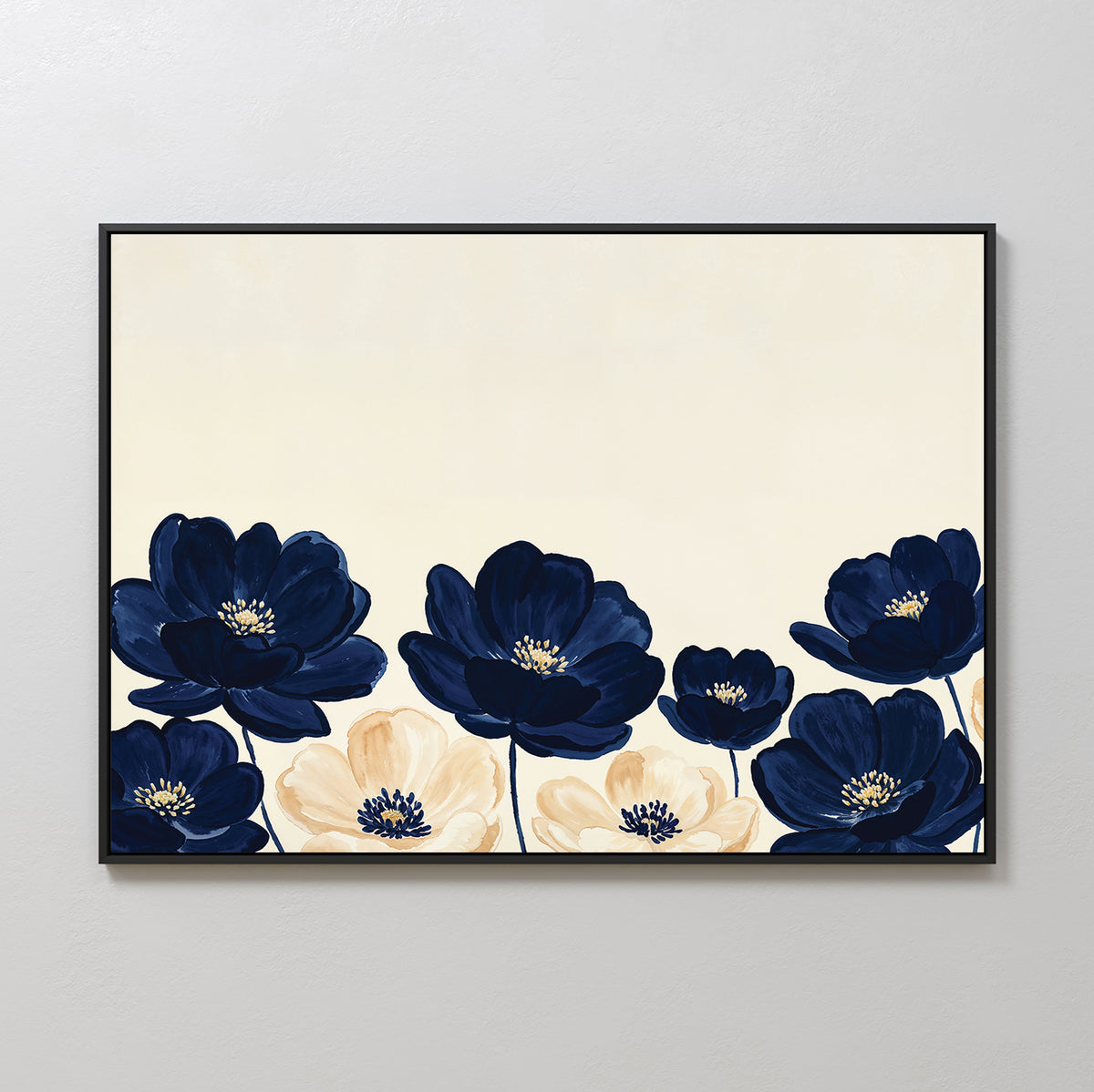 The Nightshade Canvas Art – Horizontal features stylized dark blue and light cream flowers on a light beige background, framed and displayed on a plain, light-colored wall.