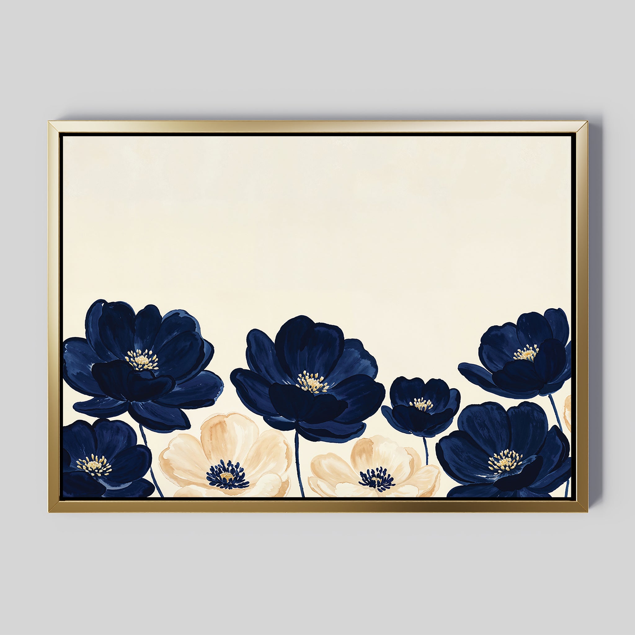 The Nightshade Canvas Art – Horizontal features dark blue and cream flowers with yellow centers along the bottom on a light beige background. A gold frame enhances the minimalist, modern floral design for a sophisticated touch.