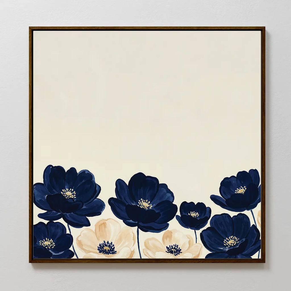 Nightshade Canvas Art: A framed modern wall piece with dark blue and cream flowers along the bottom on a light beige background—an elegant choice for minimalist décor.
