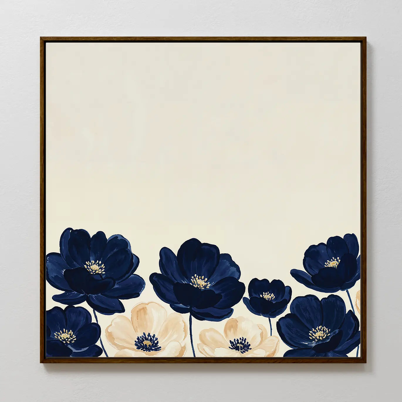 Nightshade Canvas Art: A framed modern wall piece with dark blue and cream flowers along the bottom on a light beige background—an elegant choice for minimalist décor.