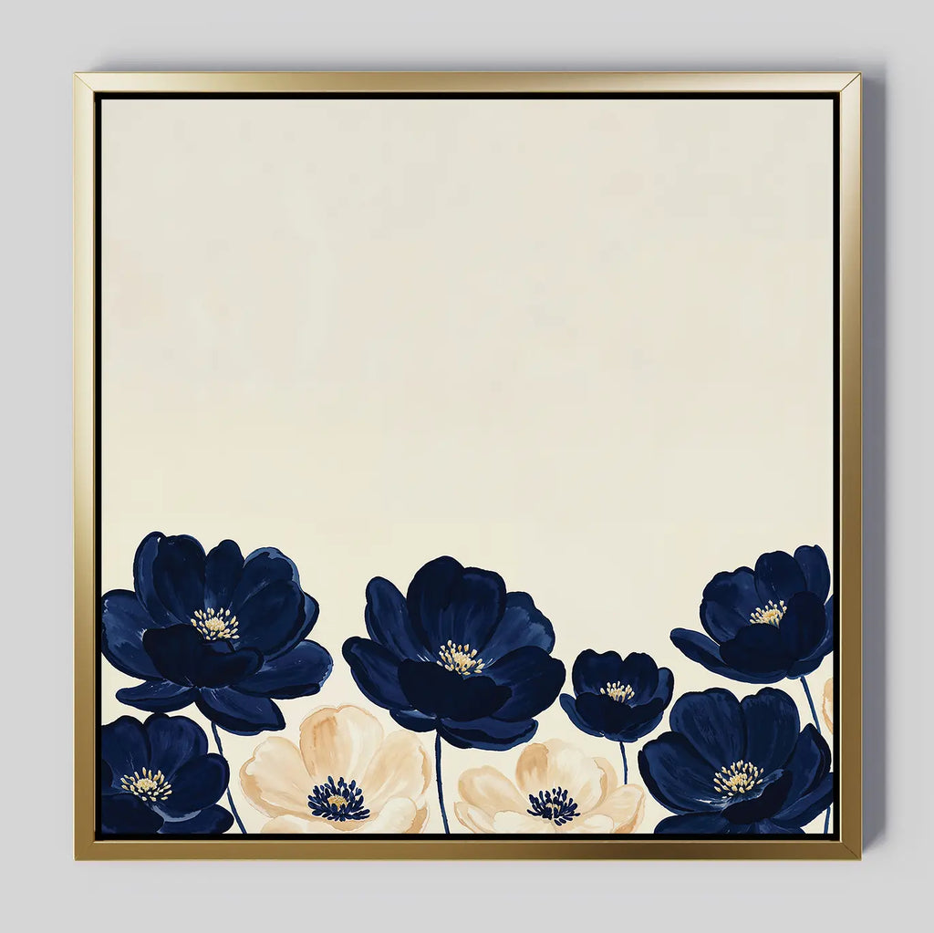 Nightshade Canvas Art is a framed minimalist wall piece featuring dark blue and cream flowers along the bottom on a light beige background, with plenty of open space above the blooms.