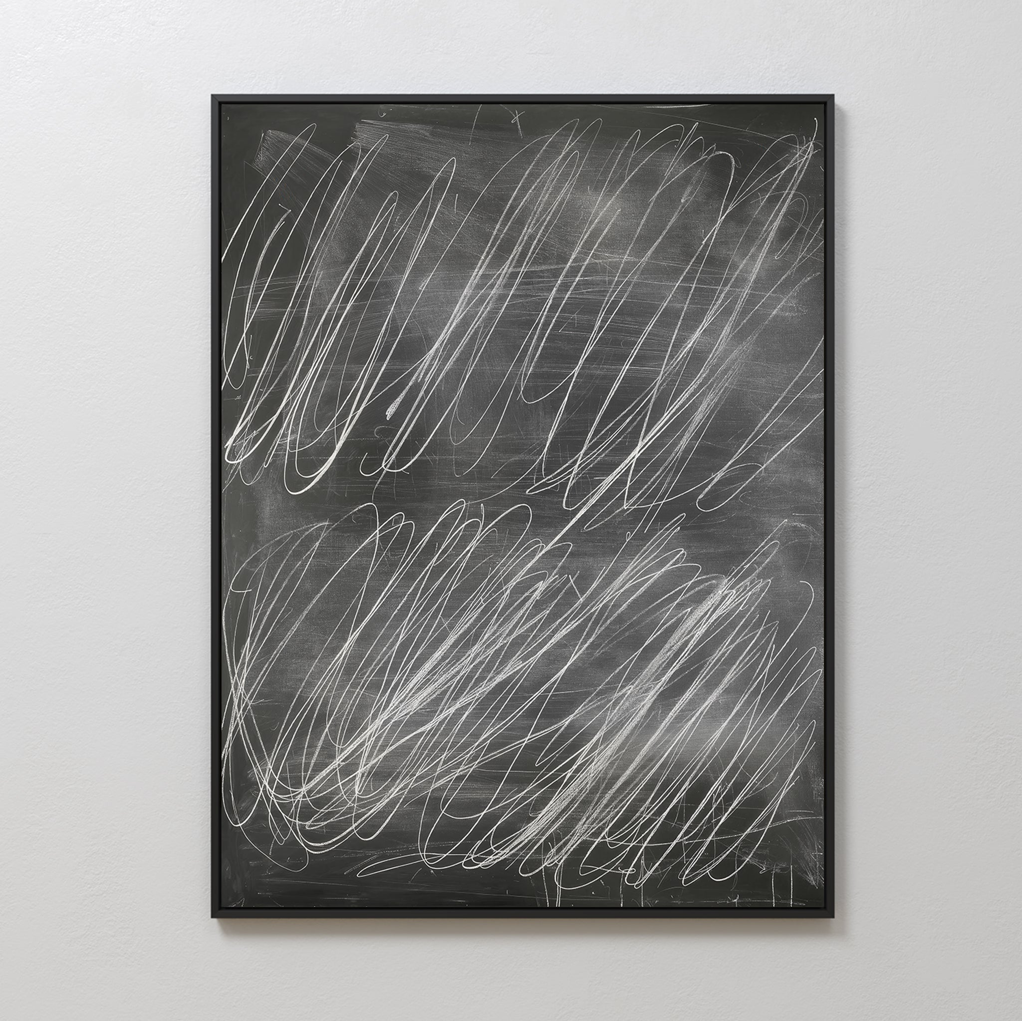 Echoes in Chalk Abstract Canvas Art features bold, white chalk-like strokes on a dark background, offering a striking, minimalist aesthetic for your walls.