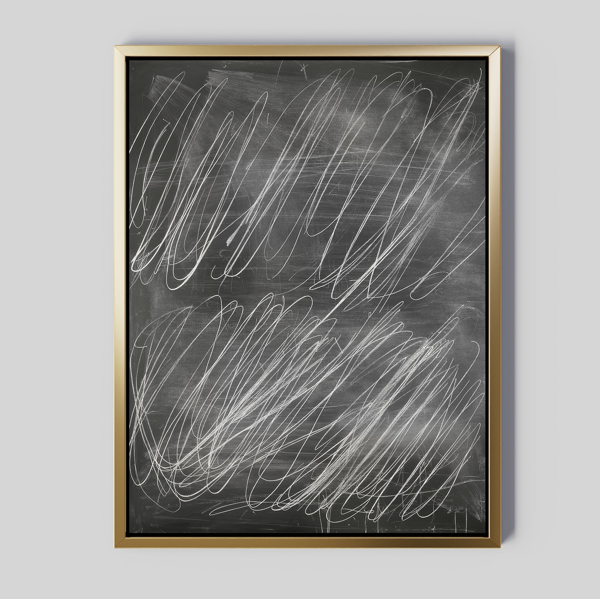 Echoes in Chalk Abstract Canvas Art features bold white chalk-like scribbles across a dark canvas, set against a light gray background—ideal minimalist wall decor for modern interiors.