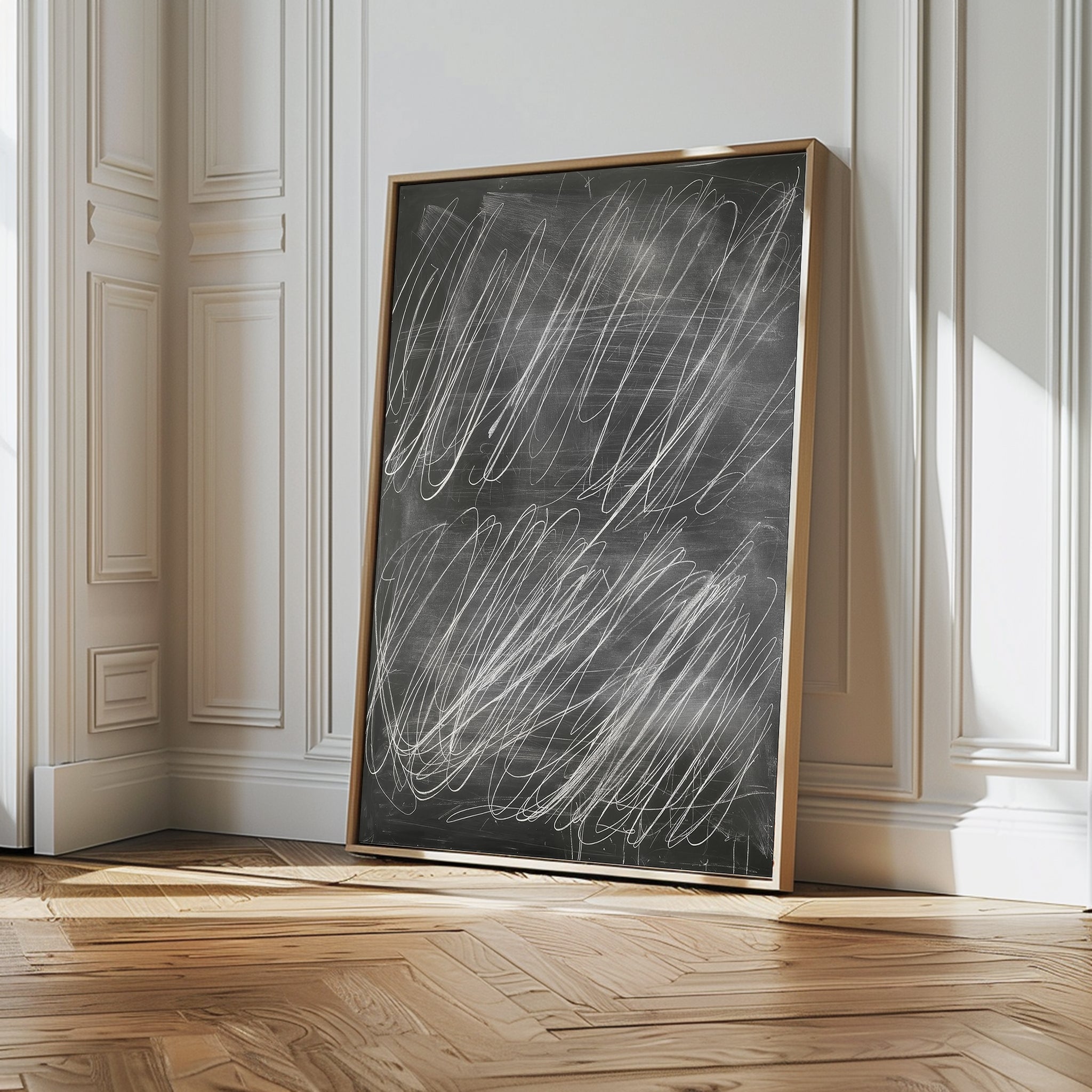 The Echoes in Chalk Abstract Canvas Art leans against the corner of an elegant room, its minimalist white chalk design brightened by sunlight streaming through paneled walls and casting gentle shadows on the wooden floor.