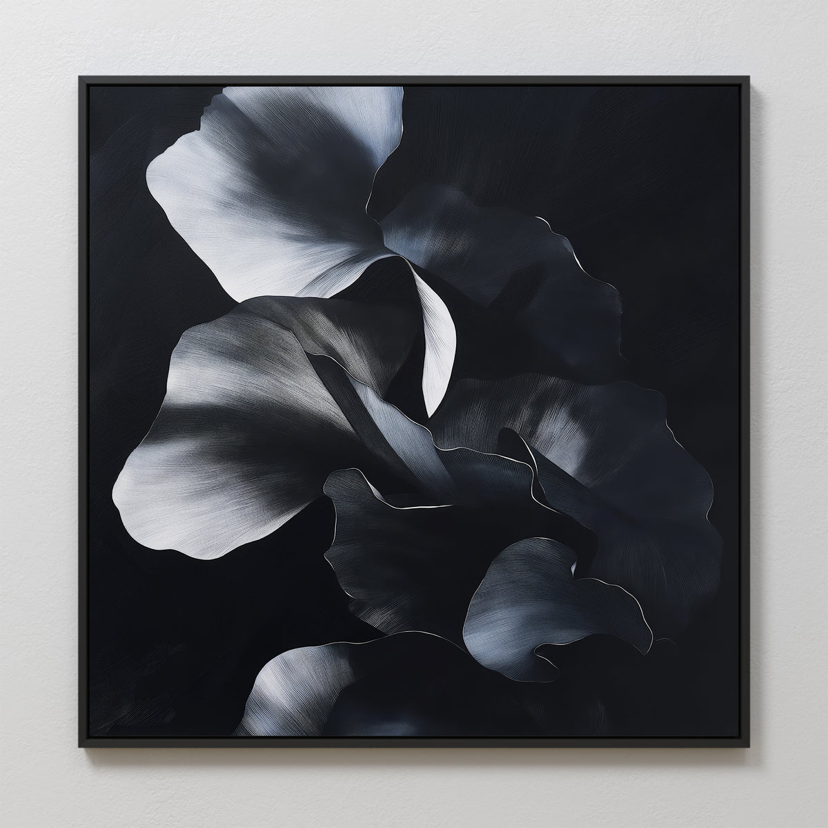 The Nocturnal Bloom Abstract Canvas Art showcases dramatic black, gray, and white petals on a dark background, creating an elegant monochromatic floral wall art statement.