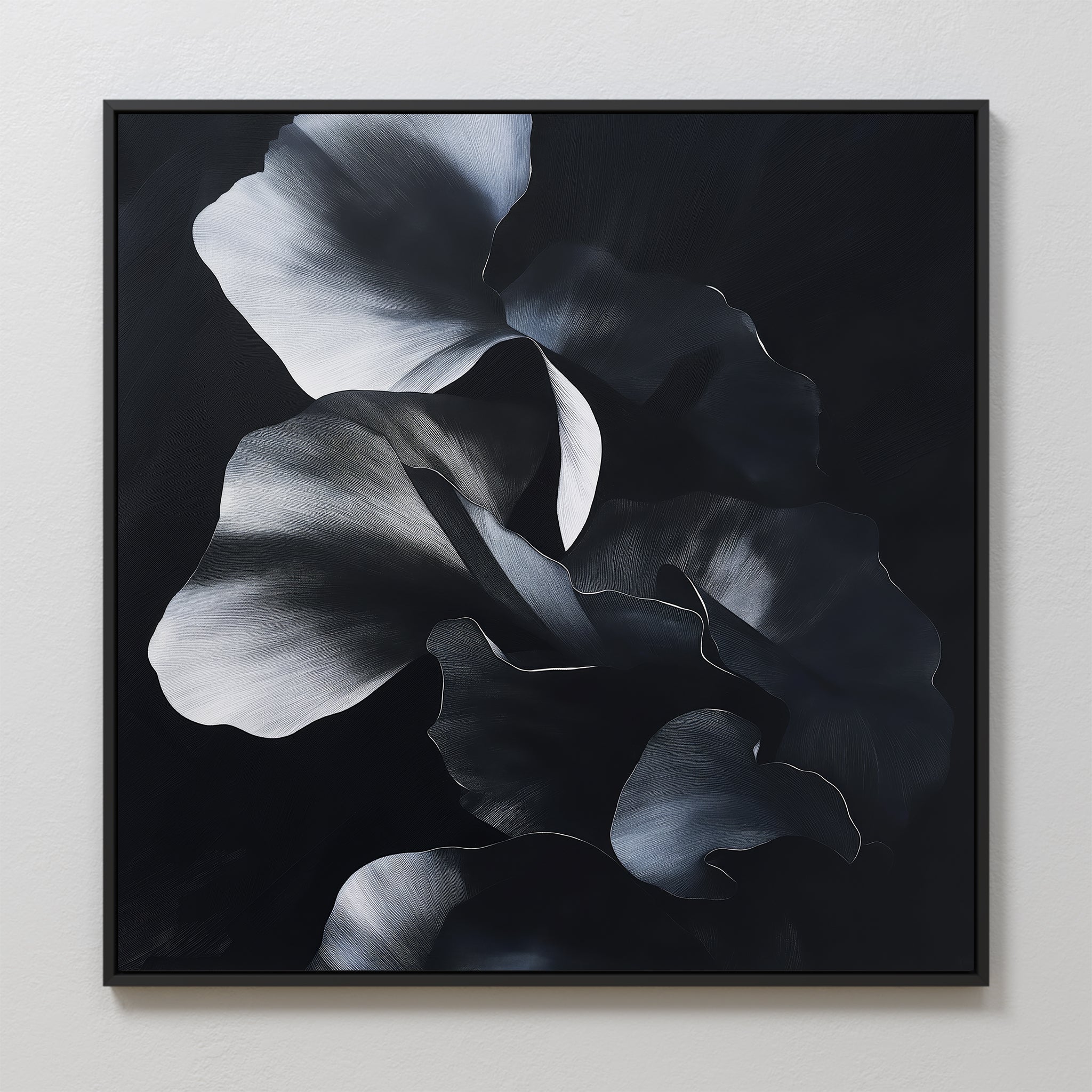 The Nocturnal Bloom Abstract Canvas Art showcases dramatic black, gray, and white petals on a dark background, creating an elegant monochromatic floral wall art statement.