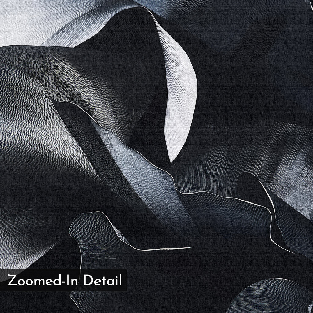 Nocturnal Bloom Abstract Canvas Art features a close-up of flowing black and white textures that resemble layered fabric or petals, enhanced by fine lines and shading. "Zoomed-In Detail" is displayed in the bottom left corner.