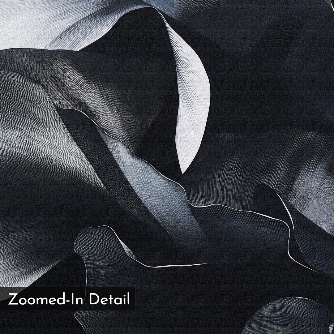 Nocturnal Bloom Abstract Canvas Art features a close-up of flowing black and white textures that resemble layered fabric or petals, enhanced by fine lines and shading. "Zoomed-In Detail" is displayed in the bottom left corner.