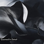 Nocturnal Bloom Abstract Canvas Art features a close-up of flowing black and white textures that resemble layered fabric or petals, enhanced by fine lines and shading. "Zoomed-In Detail" is displayed in the bottom left corner.