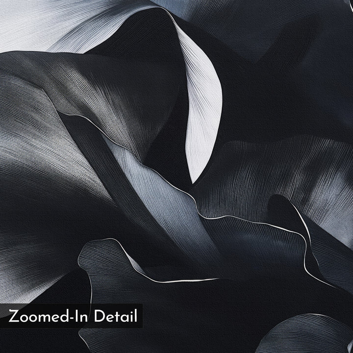 Nocturnal Bloom Abstract Canvas Art features a close-up of flowing black and white textures that resemble layered fabric or petals, enhanced by fine lines and shading. "Zoomed-In Detail" is displayed in the bottom left corner.