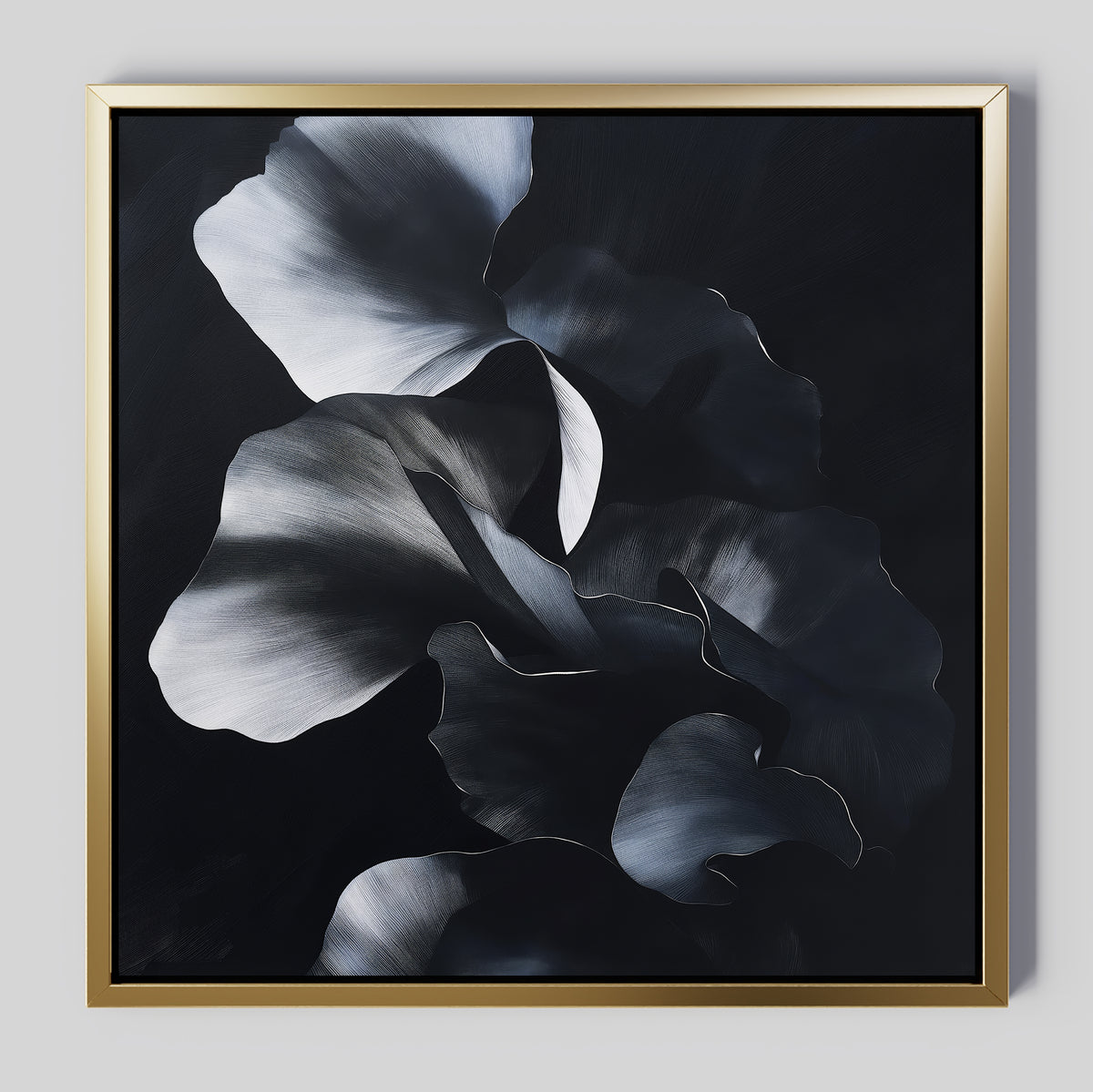 Nocturnal Bloom Abstract Canvas Art features large, flowing silver and gray petals on a dark background. The gold frame contrasts with the minimalist design, creating striking dark floral wall art for any space.