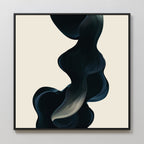 The Nocturnal Wave Abstract Canvas Art features a minimalist, flowing dark wavy design with blue and gray tones on a cream background—perfect living room decor for display on a light-colored wall.