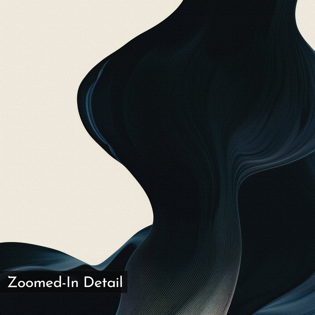 Nocturnal Wave Abstract Canvas Art showcases smooth black and dark blue shapes on a beige background with "Zoomed-In Detail" in a black box—ideal as minimalist or statement wall art for modern interiors.